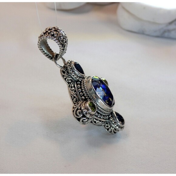 SARDA Bali Signed Sterling Silver Mystic Topaz-Peridot-London Topaz Pendant - Picture 9 of 12